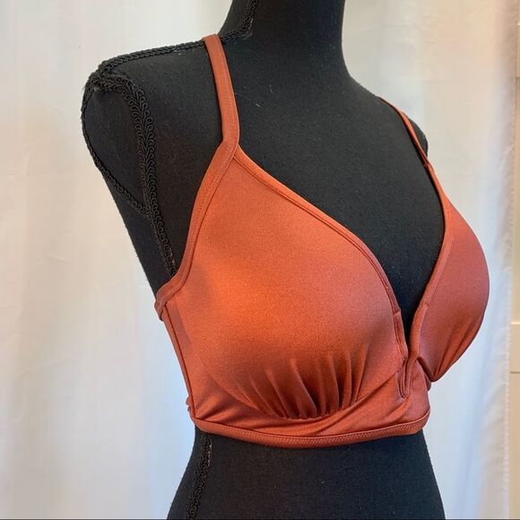 SHADE & Shore Rust Brown bronze deep V bikini top Sz 34D - Picture 3 of 7